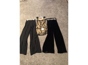 LOT OF 3- TWO PAIR OF BLACK BELL BOTTOM EVENING PANTS AND 1 TAN AND BLACK BEADED SHIRT-SIZE SMALL AND 6-GB15