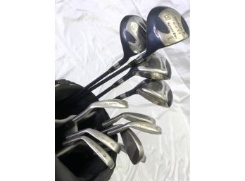 LADIES GOLF CLUBS- RIGHT HANDED SQUARE TWO IRONS AND WOODS WITH CASE-B45