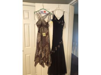 LOT OF 2 WOMENS DRESSES- SIZE 4- XSCAPE PURPLE BEADED GOWN- SL FASHIONS SIZE 6 BROWN TEA LENGTH- GB6