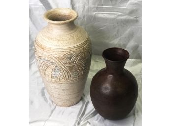2 DECORATIVE VASES- POTTERY AND METAL-B19