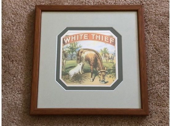 (E-18) ANTIQUE FRAMED CIGAR BOX PICTURE - 'WHITE THEIF' FARM ANIMALS -9' BY 9'