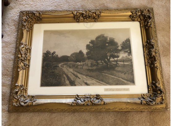 (E-33)ANTIQUE 1886 FRAMED ETCHING 'A LONG ISLAND ROAD' William Henry SHELTON (1840-1932)GOLD FRAME -28' BY 37'