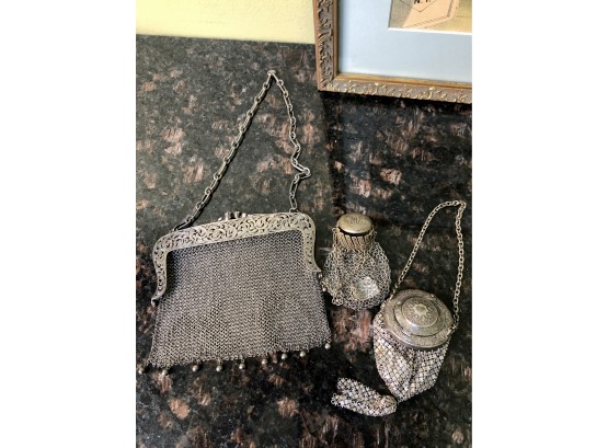 (F-19) LOT OF 3 VINTAGE STERLING SILVER PURSES- MESH - POUCHES - BEAUTIFUL - 3-7'
