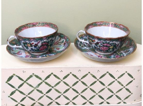 (C-27)  LOT OF 2 ANTIQUE C.1920S  ROSE MEDALLION CUP & SAUCER  SETS -GEISHA , DRAGON, FLORAL- 4' TALL, 6' WIDE