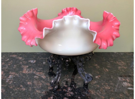 (C-18) ANTIQUE PINK & WHITE CUSTARD GLASS BRIDAL BASKET WITH SILVERPLATE STAND - 10' TALL 9' WIDE