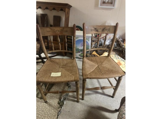 (Z-22) LOT OF TWO ANTIQUE RUSH SEAT CHAIRS -PAINTED DETAIL - C.1920S