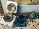 (D-47) LOT OF 2 ANTIQUE INK WELLS- PORCELAIN FLORAL & BLUE GLASS WITH WHITE PAINTING - MARY GREGORY- 3.5'