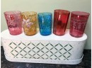 (C-19) LOT OF ANTIQUE GLASS DRINKING GLASSES/TUMBLERS - CRANBERRY, BLUE & YELLOW - 4' EA.