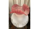 (X37) ANTIQUE CONVERTED OIL LAMP ELECTRIFIED-ORIGINAL ETCHED GLASS SHADE WITH PINK RUFFLED EDGE-19'