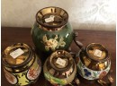 (D-39) LOT OF 4 PIECES OF ANTIQUE COPPER LUSTRE WARE PITCHERS -GREENS -  4' - 6' HIGH