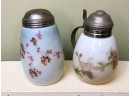 (C-21) LOT OF 2 ANTIQUE SATIN GLASS PIECES - SUGAR SHAKER & SYRUP POURER - C.1800S- 5' TALL