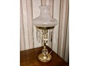 (X34) ANTIQUE LAMP WITH ORIGINAL FROSTED GLASS SHADES & PRISMS - ONE PRISM BROKEN - HAS REPLACEMENT -19' TALL