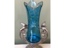 (C-15) ANTIQUE VICTORIAN BLUE GLASS VASE- HAND PAINTED FLORAL W/WHITE METAL BASE WITH  BIRDS-9'
