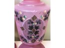 (C-35) PAIR OF ANTIQUE PINK BRISTOL GLASS VASES - HAND PAINTED - 10' TALL