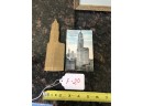 (F-20) VINTAGE BRASS REPLICA OF WOOLWORTH BUILDING & POSTCARD - ANSONIA BRASS, CONN.-7'