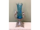 (C-15) ANTIQUE VICTORIAN BLUE GLASS VASE- HAND PAINTED FLORAL W/WHITE METAL BASE WITH  BIRDS-9'