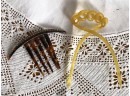 (G-14) LOT OF FOUR ANTIQUE HAIR COMBS -MANTILLA -TORTOISE PLASTIC W/RHINESTONES - SEE MISSING PEARLS ON LARGE