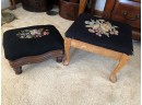 (D-31) PAIR OF ANTIQUE WOOD NEEDLEPOINT FOOT STOOLS  - 12-14' WIDE BY 7-10.5' HIGH