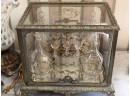 (D-1) ANTIQUE GLASS & BRASS TANTALUS - OMG!! 4 DECANTERS, 7 GLASSES - 13' WIDE BY 10' BY 11' HIGH