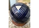 (D-44) ANTIQUE BLUE & WHITE PLAID CERAMIC  CARPET BALL - VICTORIAN GAME - 3.5'