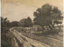(E-33)ANTIQUE 1886 FRAMED ETCHING 'A LONG ISLAND ROAD' William Henry SHELTON (1840-1932)GOLD FRAME -28' BY 37'