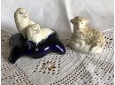 (G-8) TWO ANTIQUE Miniature Staffordshire ANIMALS - SPANIELS ON A PILLOW & LAMB -2'-3' EA.