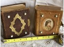 (G-7) TWO ANTIQUE TIN TYPE PHOTO ALBUMS - ONE EMPTY, ONE WITH APPROX. 50 PHOTOS 6'