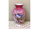 (C-8) ANTIQUE PINK SATIN  GLASS VASE -HAND PAINTED W/BIRDS ON CHERRY BLOSSOM BRANCH -9'