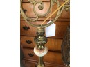 (D-32)  ANTIQUE VICTORIAN - BRASS & MARBLE STANDING FLOOR LAMP WITH ORIGINAL SHADE 58' HIGH