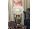 (X37) ANTIQUE CONVERTED OIL LAMP ELECTRIFIED-ORIGINAL ETCHED GLASS SHADE WITH PINK RUFFLED EDGE-19'