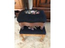 (D-31) PAIR OF ANTIQUE WOOD NEEDLEPOINT FOOT STOOLS  - 12-14' WIDE BY 7-10.5' HIGH