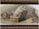 (E-15) ANTIQUE FRAMED 1893 LITHO -DOGS PLAYING IN A SUITCASE -22' BY 14'