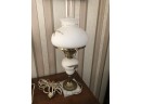 (X35) ANTIQUE CONVERTED OIL LAMP ELECTRIFIED WITH ORIGINAL GLASS SHADE-GOLD DECORATION-MARBLE BASE- 19' TALL