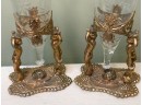 (C-14) PAIR ANTIQUE VICTORIAN GLASS VASES ON BRASS BASE WITH CHERUBS - ETCHED GLASS - 9' TALL