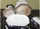 (X7) THREE ANTIQUE BLACK & WHITE TRANSFER WARE PIECES - PITCHER, COVERED POT & COVERED SUGAR W/DAMAGE-  8'-9'