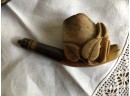 (G-4) ANTIQUE CARVED BONE PIPE EAGLE ON TREE BRANCH - MISSING STEM - WITH FITTED LEATHER CASE - 6'