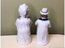 (C-33) PAIR  ANTIQUE FRENCH PORCELAIN NODDERS - MAN & WOMAN W/WIRE GLASSES & CAT- 6' TALL -