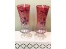 (C-32)  PAIR  ANTIQUE CRANBERRY TO CLEAR GLASS VASES - PAINTED FLORAL DECORATION W/GOLD - 8' TALL