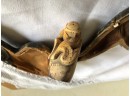 (G-4) ANTIQUE CARVED BONE PIPE EAGLE ON TREE BRANCH - MISSING STEM - WITH FITTED LEATHER CASE - 6'