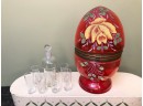 (C-13) ANTIQUE CZECH GLASS TANTALUS - RUBY GLASS-DECANTER SET WITH CORALENE DECORATION & 6 GLASSES- 10' TALL