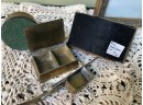(F-6) LOT OF 4 ANTIQUE BRASS  ITEMS - INK BLOTTER - BRADLEY & HUBBARD STAMP HOLDERS, CANDLE WICKER -3-7'