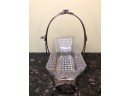 (C-43) ANTIQUE VICTORIAN GLASS BERRY BASKET WITH WHITE METAL STAND WITH ROSES - 10' WIDE 12' TALL