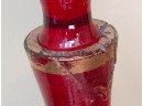 (B-11) PAIR OF ANTIQUE RUBY GLASS CRUET BOTTLES WITH STOPPERS -CHIP TO LIP ON ONE & REPAIR TO LIP ON THE OTHER