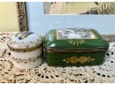 (D-48) LOT OF 2 ANTIQUE PORCELAIN TRINKET BOXES - HINGED GOLD FRAME -SIGNED FRENCH -HAND PAINTED-3-4'
