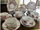 (X9) LOT OF ANTIQUE PINK LUSTREWARE CUPS 7 SAUCERS & COVERED SUGAR BOWL -DAMAGE TO 1 SAUCER- 8'