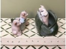 (G-9)LOT OF TWO ANTIQUE GERMAN FAIRINGS -PORCELAIN PIG FIGURINES- PIGS IN A PURSE &WATER BUCKET - C.1920S - 4'