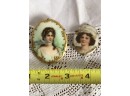 (G-10) PAIR OF ANTIQUE PORCELAIN PORTRAIT BROOCHES ON BRASS - HAND PAINTED & TRANSFER PRINTED -2-3'