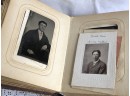 (G-7) TWO ANTIQUE TIN TYPE PHOTO ALBUMS - ONE EMPTY, ONE WITH APPROX. 50 PHOTOS 6'