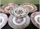 (X22) LOT OF SIX ANTIQUE / VINTAGE RED TRANSFER WARE PLATES - 7-9'