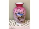 (C-8) ANTIQUE PINK SATIN  GLASS VASE -HAND PAINTED W/BIRDS ON CHERRY BLOSSOM BRANCH -9'